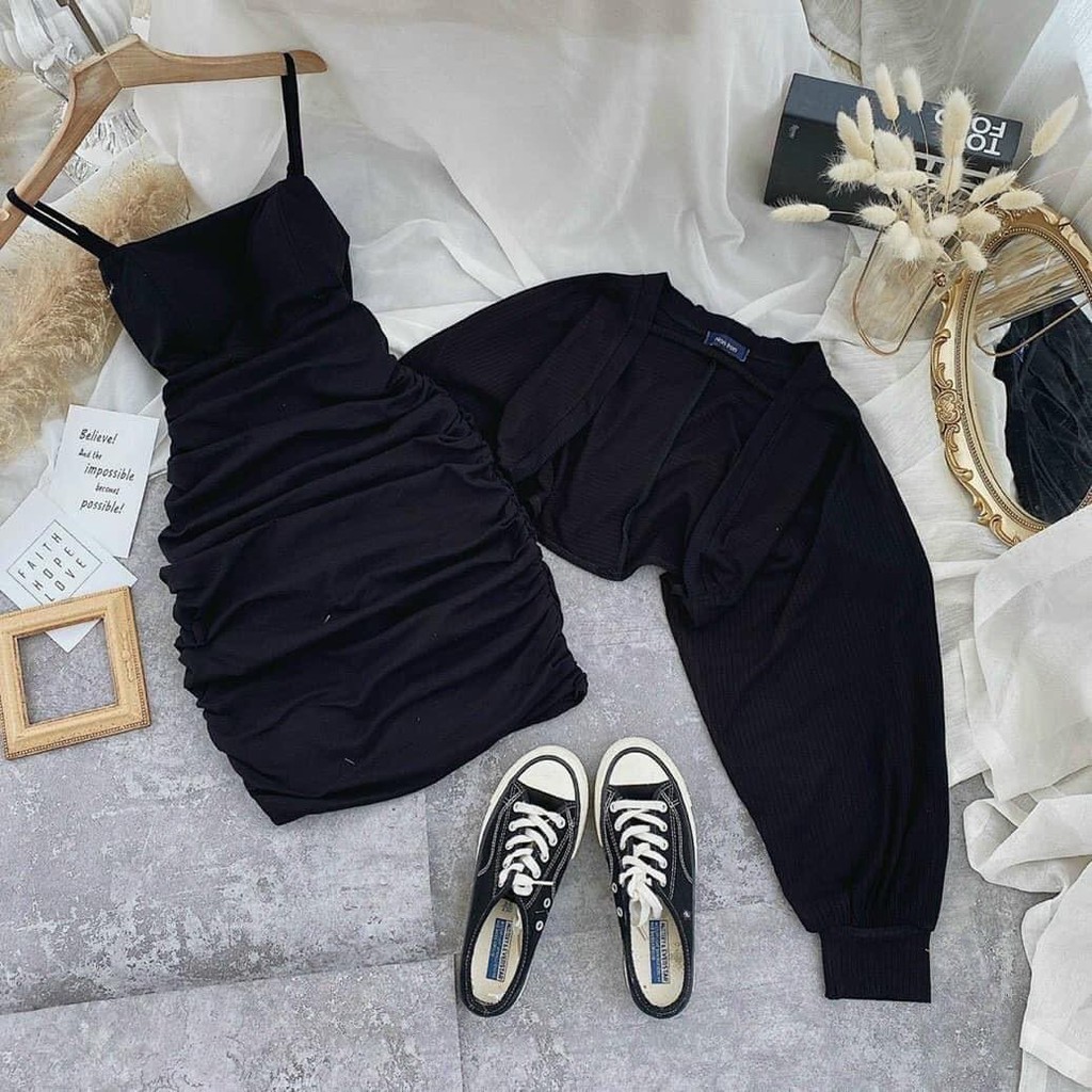 Set váy 2 dây kèm áo khoác, Váy hai dây bo tăm dáng ôm mix áo khoác ngoài cực xinh AD48 | BigBuy360 - bigbuy360.vn