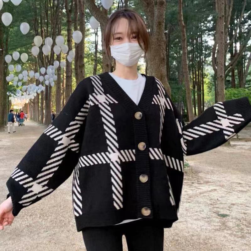 IELGY Áo Khoác cardigan Dệt Kim Dáng Rộng Họa Tiết Kẻ Sọc Màu Đen Đơn Giản Dễ Phối Đồ Cho Nữ
