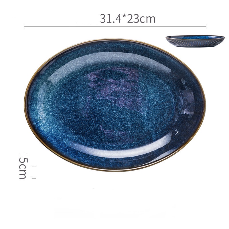 Đĩa sứ xanh hỏa biến Sea , Đĩa sứ decor phong cách Bắc Âu