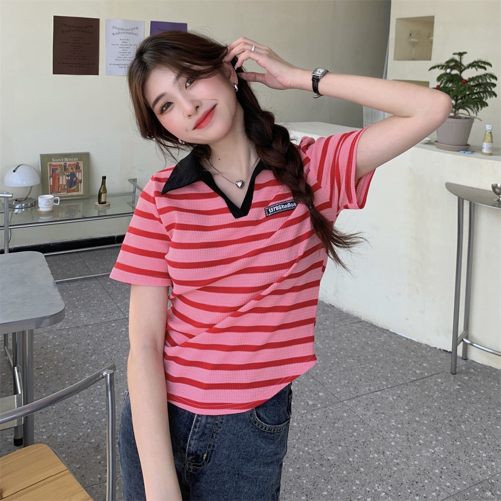 Áo thun POLO ZHELIHANGFEI dệt kim tay ngắn kẻ sọc thiết kế trẻ trung cá tính cho nữ