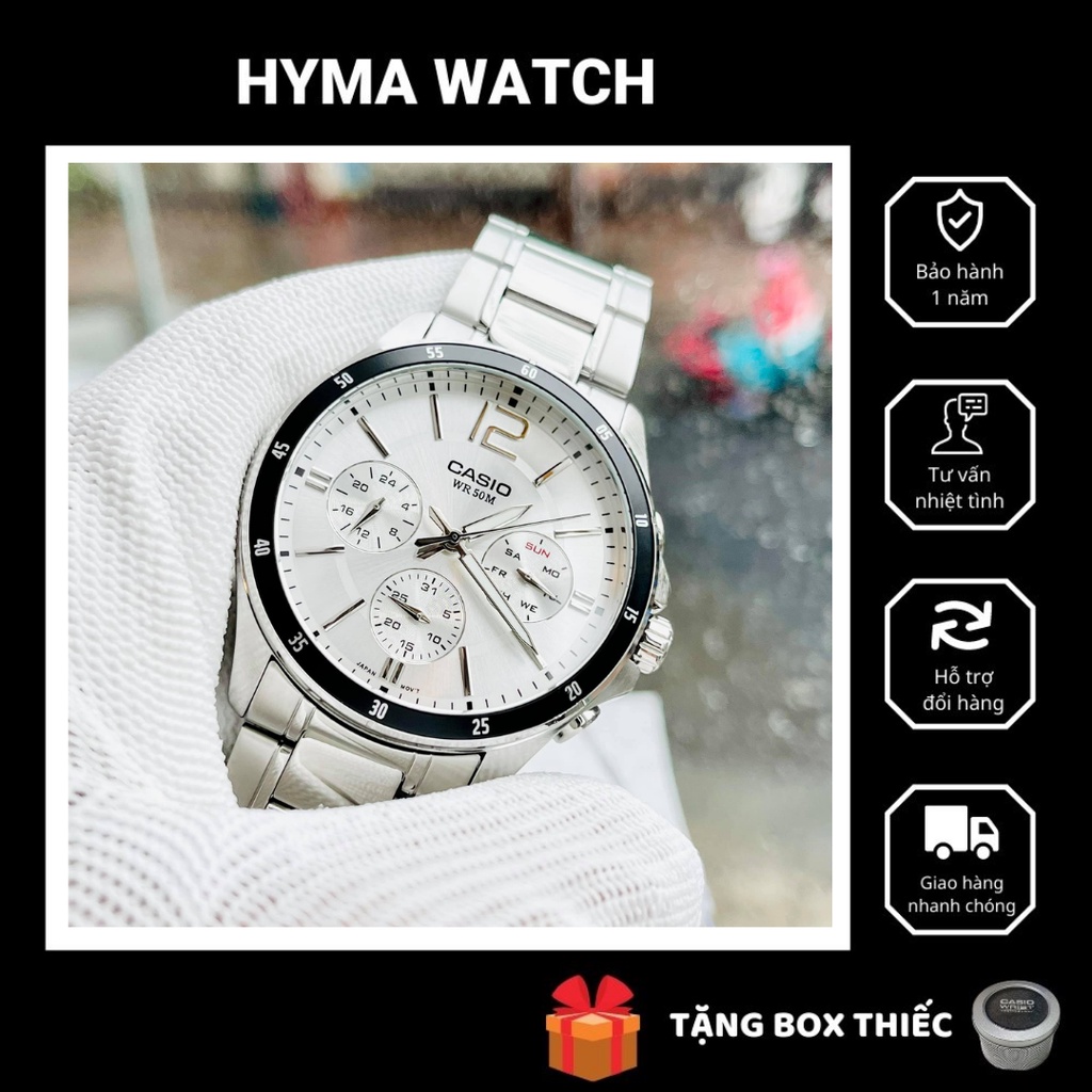 Đồng hồ nam dây thép 6 kim Casio MTP 1374D-7AV Mặt trắng chống nước 5ATM Size 42mm Bảo hành 1 năm Hyma watch