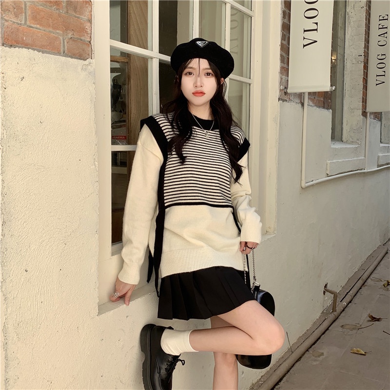 QADCOL Áo sweater dệt kim dáng rộng phong cách Hàn Quốc