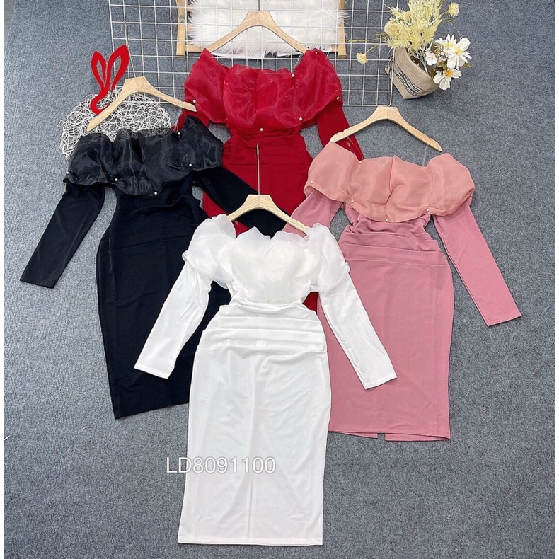 Đầm body phối lưới đính hạt trễ vai tay dài