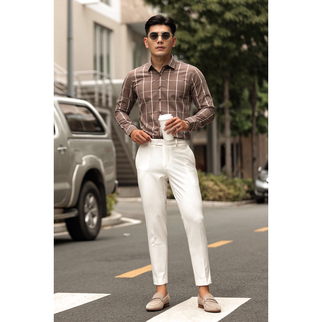 Áo Sơ Mi Americus Gosani Caro Phom Slimfit Màu Nâu Và Xanh Dương