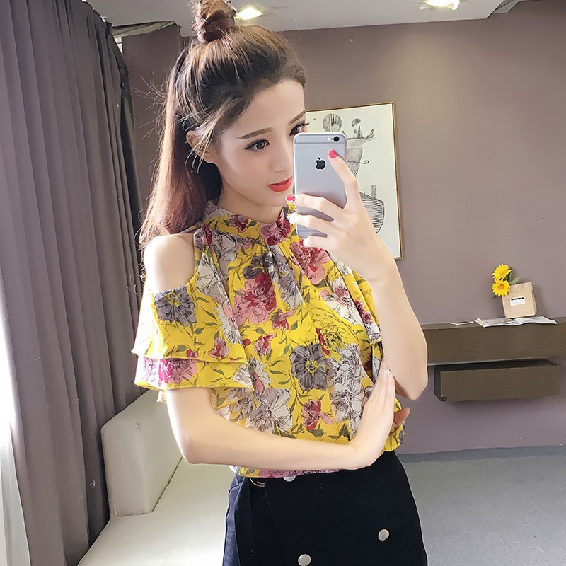 Xả hàng giá gốc - Áo sơ mi voan/Áo bó sát nữ, cộc tay, hở vai, họa tiết hoa nhí, kiểu dáng thời trang, phong cách Hàn