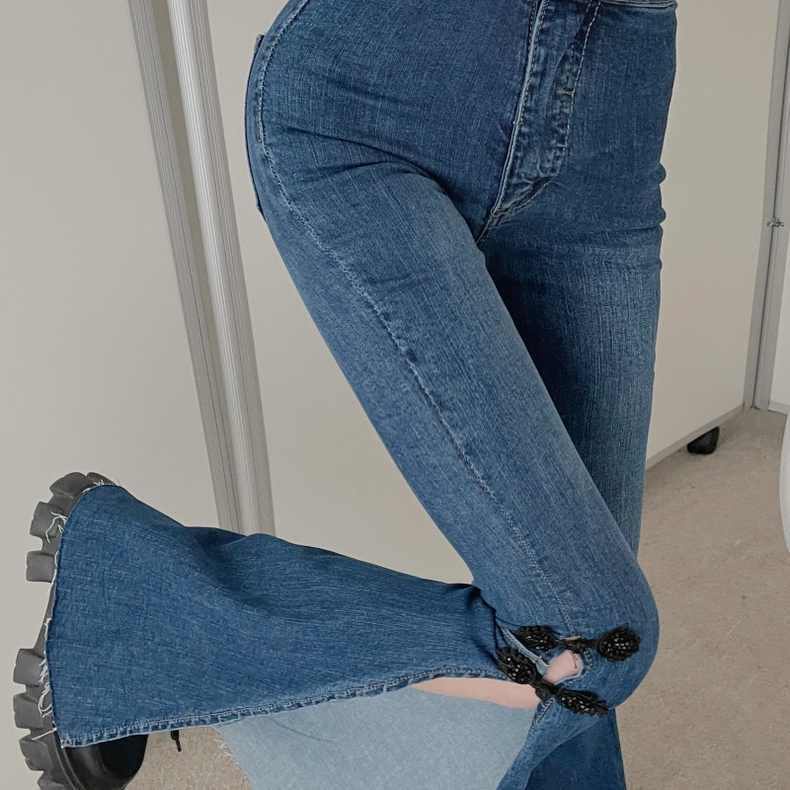 Phong cách mới!F &amp; X Quần Jean Ống Loe Dáng Suông Lưng Cao Co Giãn Có Khóa Cài Kiểu Retro Cá Tính