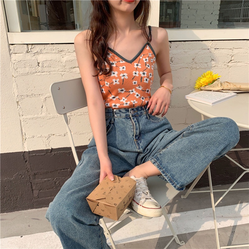 Áo Croptop Dệt Kim Hai Dây Cổ Chữ V In Họa Tiết Hoa Nhiều Màu Sắc Phong Cách Vintage Quyến Rũ Thời Trang Cho Nữ