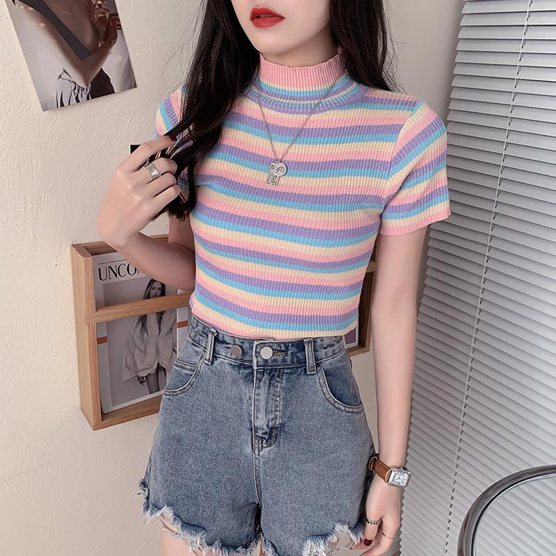 Áo Sweater Mỏng Tay Ngắn Kẻ Sọc Dáng Ôm Phong Cách Thời Trang Hàn Quốc Dành Cho Nữ