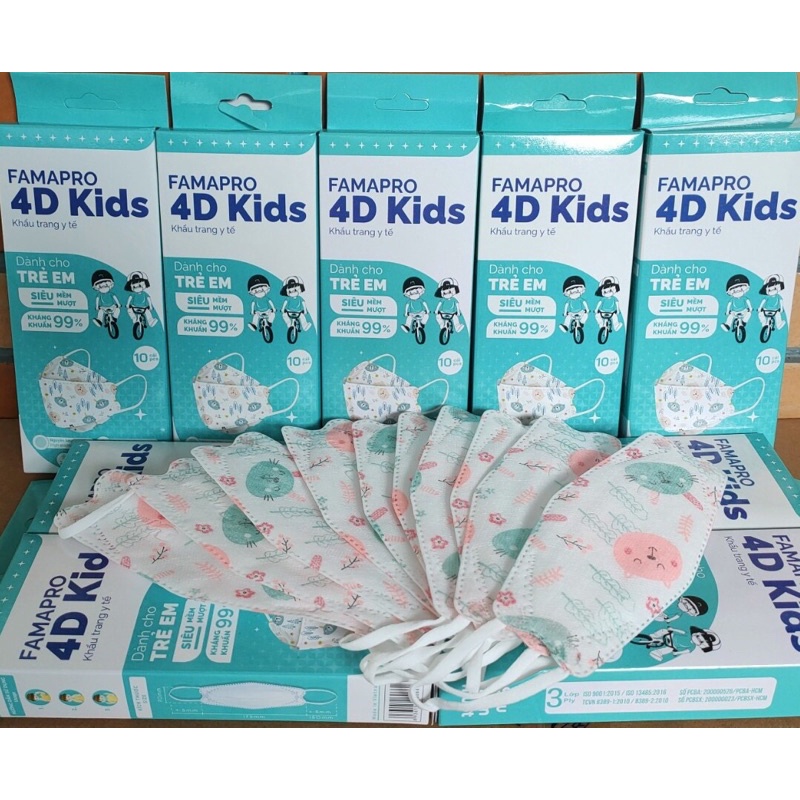 Combo 10 hộp khẩu trang 4D Kids trẻ em giá sỉ chính hãng Famapro khẩu trang cho bé từ 2 đến 10 tuổi