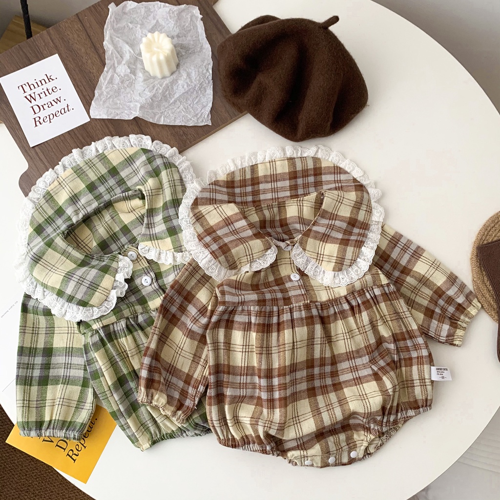 Bộ áo liền quần tay dài họa tiết caro thời trang mùa thu cho bé gái