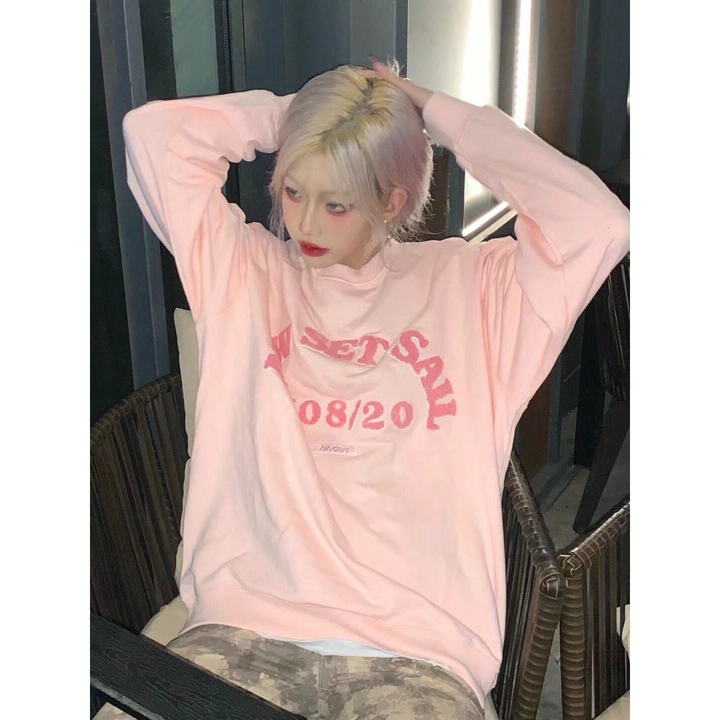 Áo thun nữ tay dài dáng rộng in chữ phong cách Hàn Quốc
