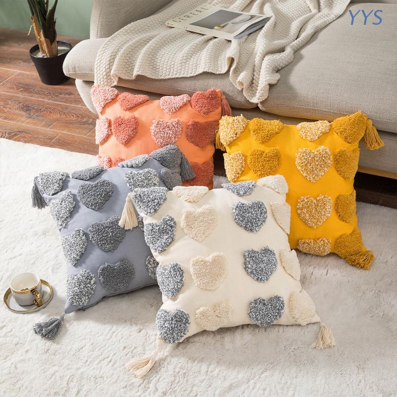 Vỏ Bọc Gối Sofa Hình Vuông Phối Tua Rua Màu Tương Phản Họa Tiết Trái Tim Phong Cách Boho