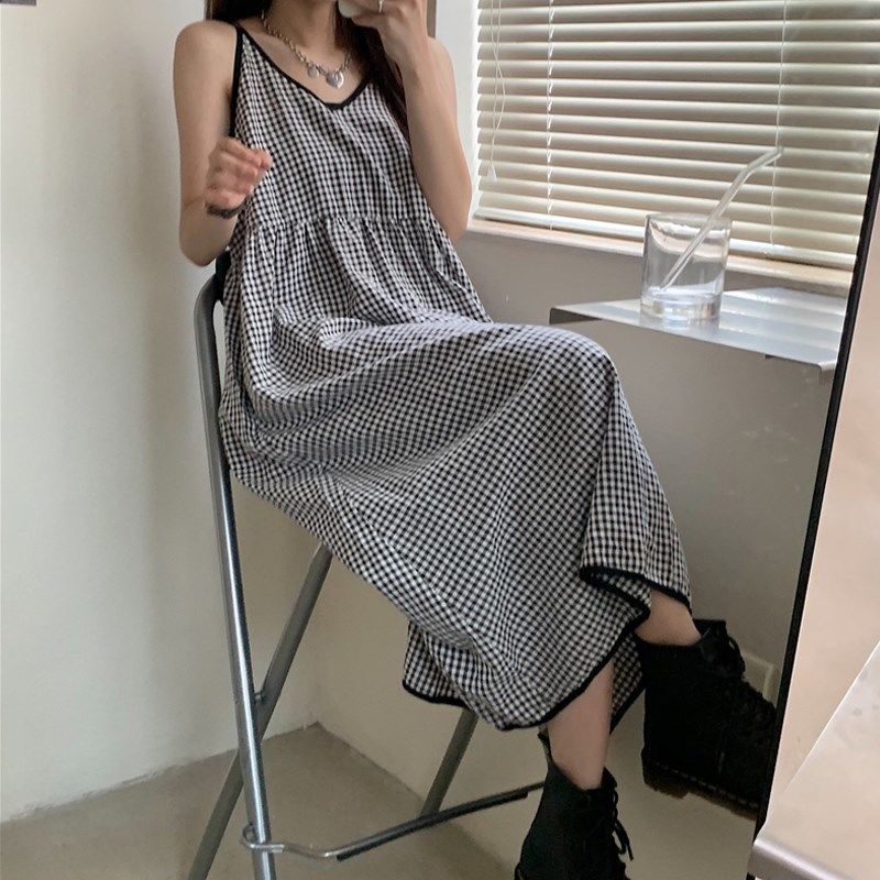 Đầm Nữ Cổ Chữ V Eo Thắt Dây Sọc Caro Thời Trang
