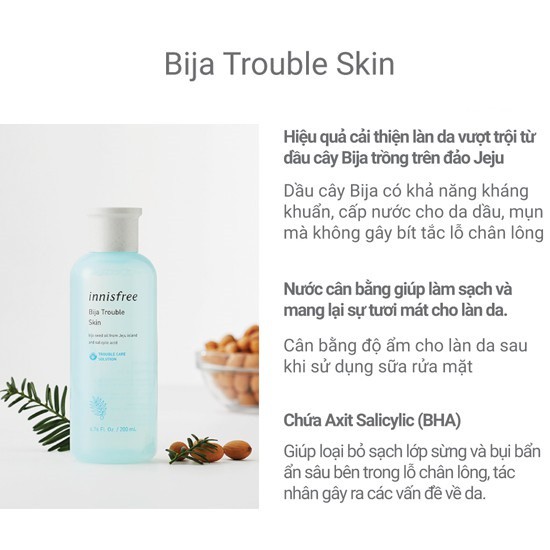 Nước hoa hồng FREESHIP Nước cân bằng Innisfree Bija Trouble Skin Innisfree Bija Trouble Skin 200ml dành cho da mụn