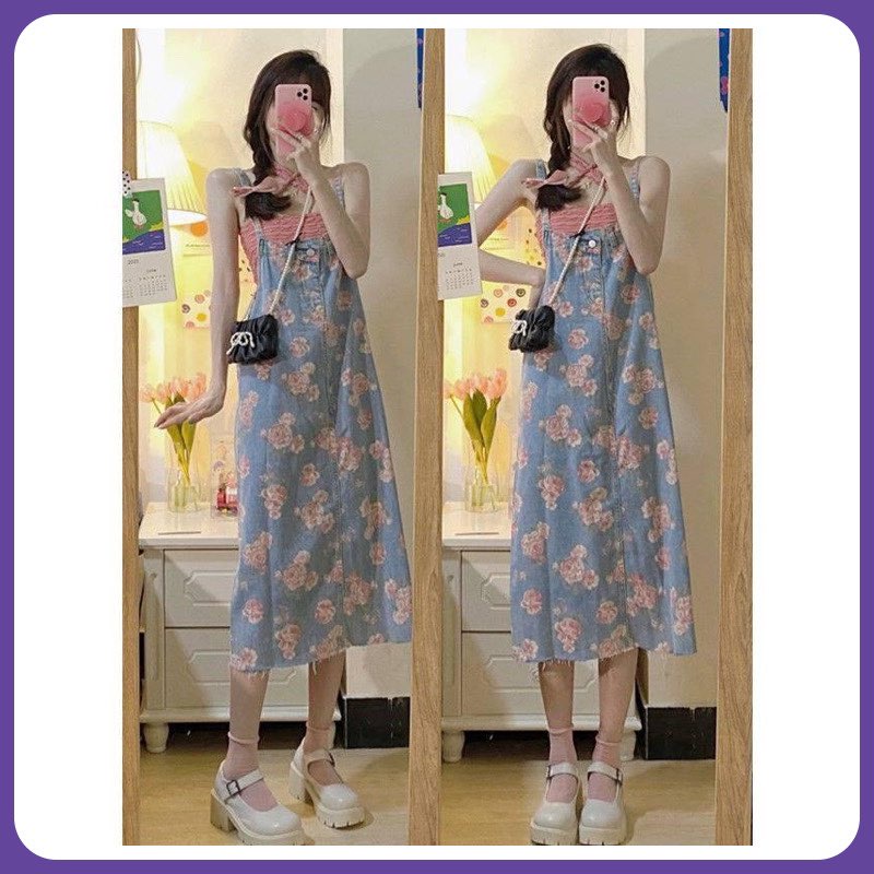Set đầm yếm nữ hai dây dáng dài phong cách tiểu thư Vintage