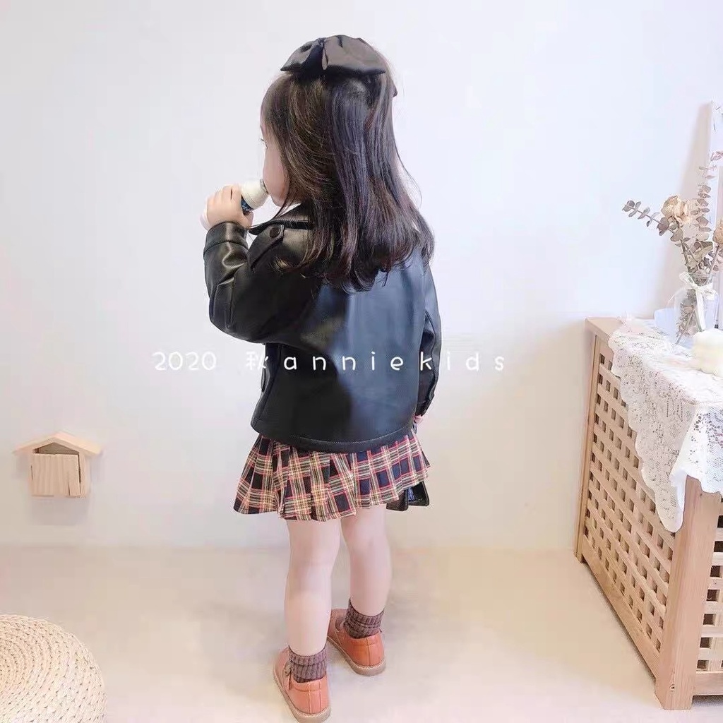 [Cool Girl] Set Chân Váy Kẻ Kèm Áo Khoác Da Milky Mom Cực Cool Ngầu Cho Bé Gái