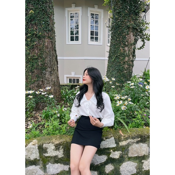 Áo sơ mi nữ kiểu Hàn Quốc tay dài phối ren công sở LUCETFASHION cao cấp trắng Jose Shirt