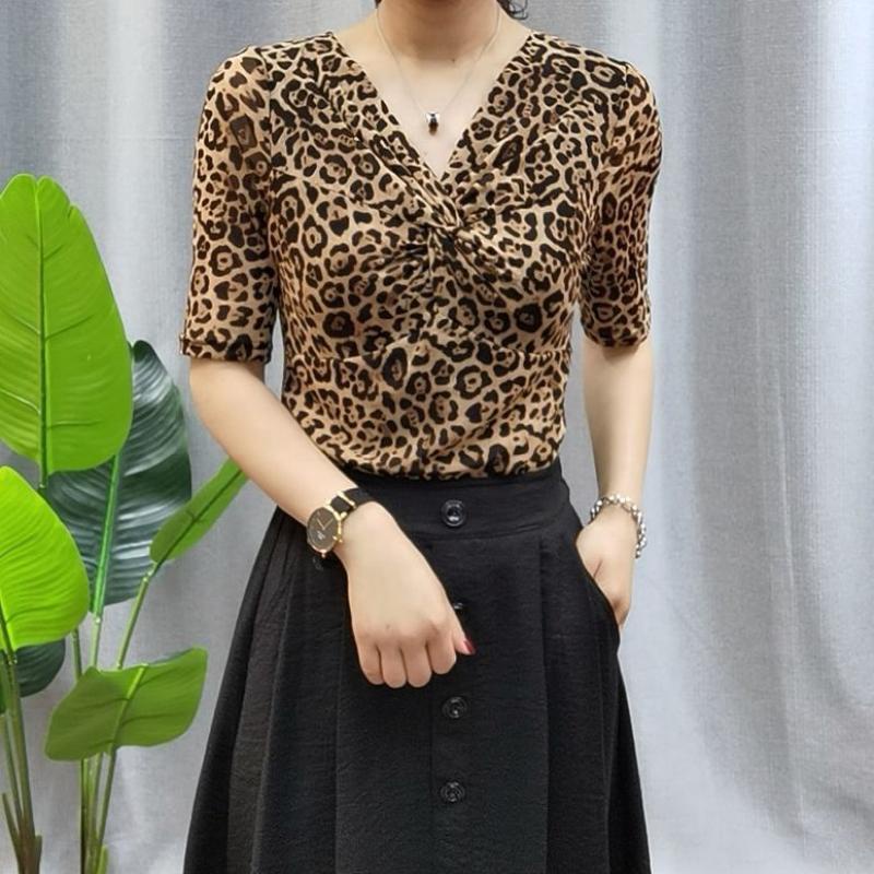 Áo phông thời trang nữ mới đầu thu 2021 áo sơ mi ngắn tay/dài tay kiểu tây họa tiết da báo thắt nút áo sơ mi nhỏ thiết kế cảm giác thích hợp hot girl áo