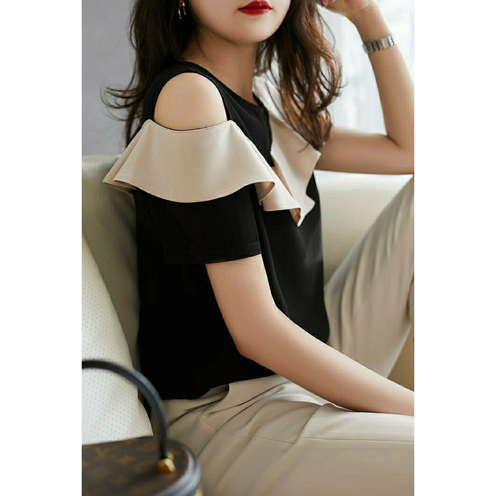 Áo sơ mi voan tay ngắn trễ vai phối bèo màu đen phong cách Pháp thời trang cho nữ