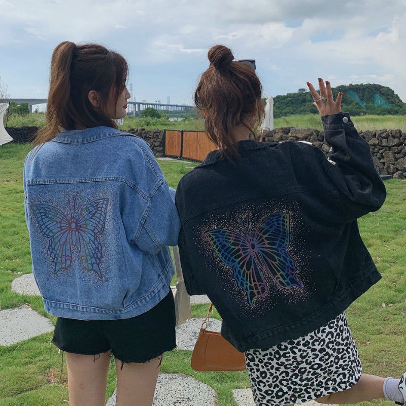 Áo Khoác denim Dáng Rộng In Hạt Cườm Phong Cách Hàn Quốc Thời Trang Mùa Thu Mới Cho