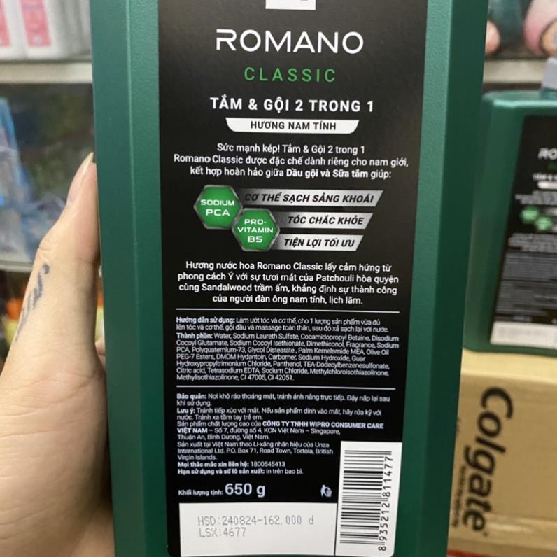 Tắm gội Romano 2in1 hương nước hoa đủ mùi Classic - Force - Attitude - Gentleman 650g