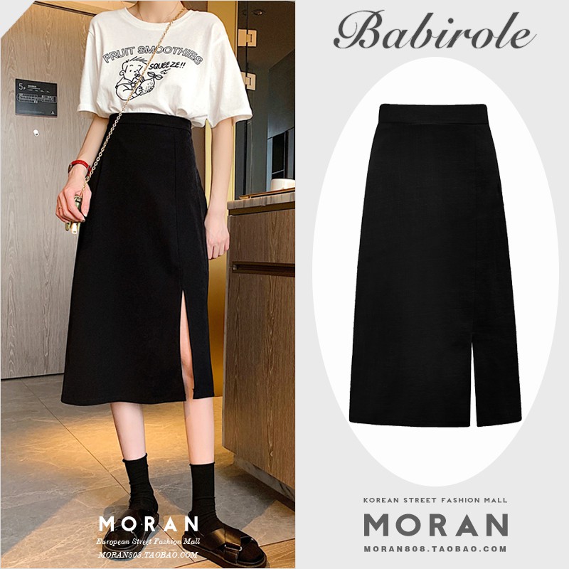 (ORDER) Chân váy MORAN cạp cao màu đen xẻ cao style retro Hàn Quốc