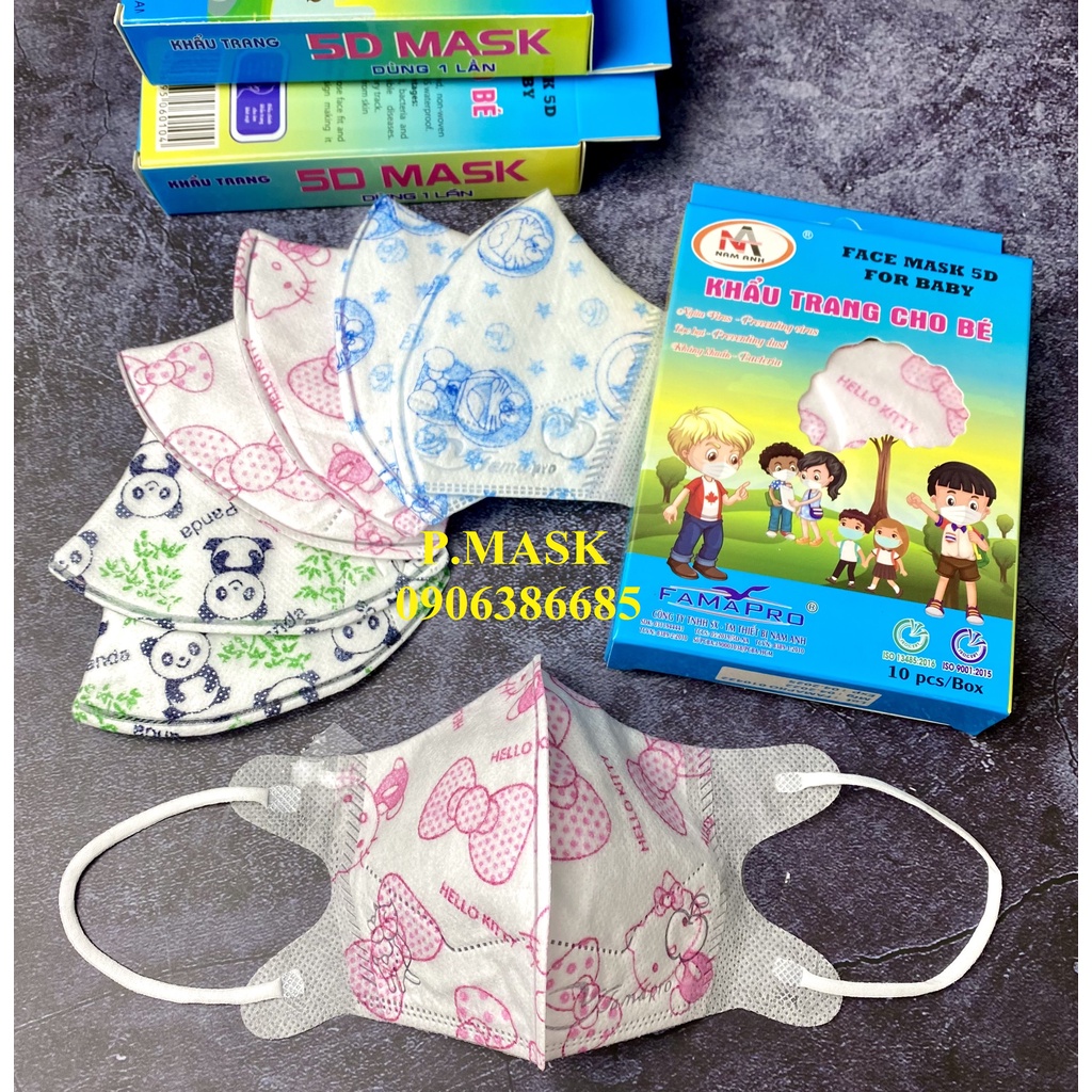 Khẩu Trang 5D KIDS FAMAPRO Hộp 10 cái IN HOẠ TIẾT kháng khuẩn dành cho bé Đoremon / Kitty / Gấu Trúc