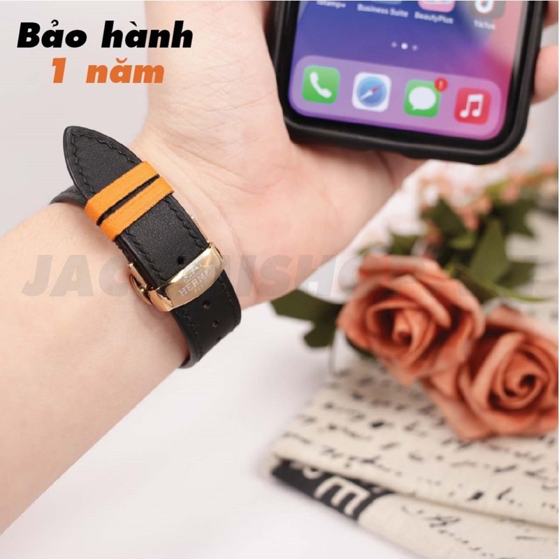 [BẢO HÀNH 1 NĂM] Dây Da BÊ SWIFT may tay thủ công màu Đen đĩa Cam khóa Bướm cho Apple Watch series 1/2/3/4/5/6/7