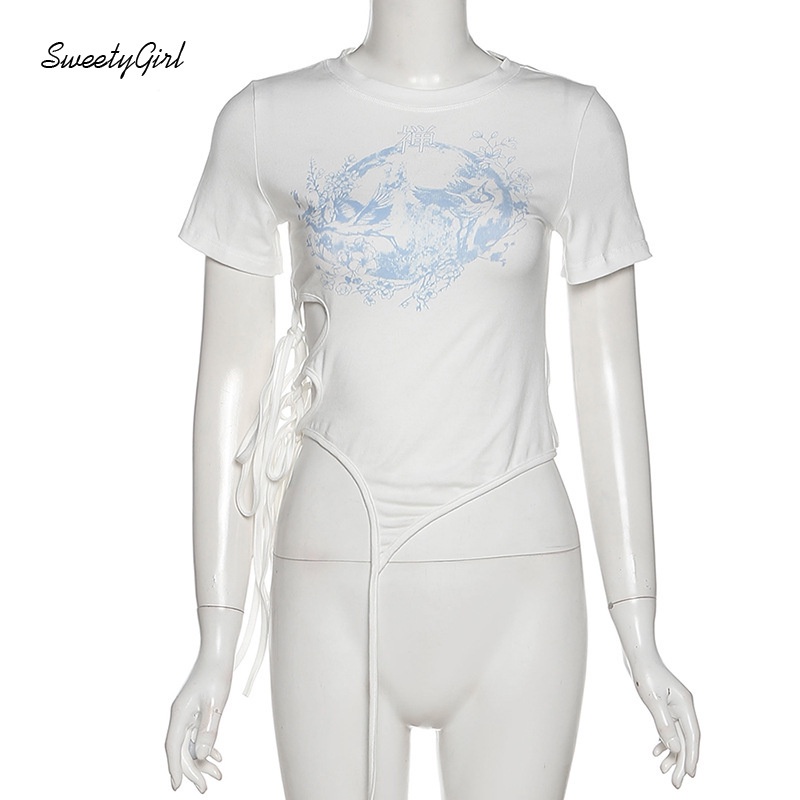 Áo Croptop Cổ Tròn Tay Ngắn Dáng Ôm Phối Dây Rút In Họa Tiết Thời Trang Cho Nữ 2022