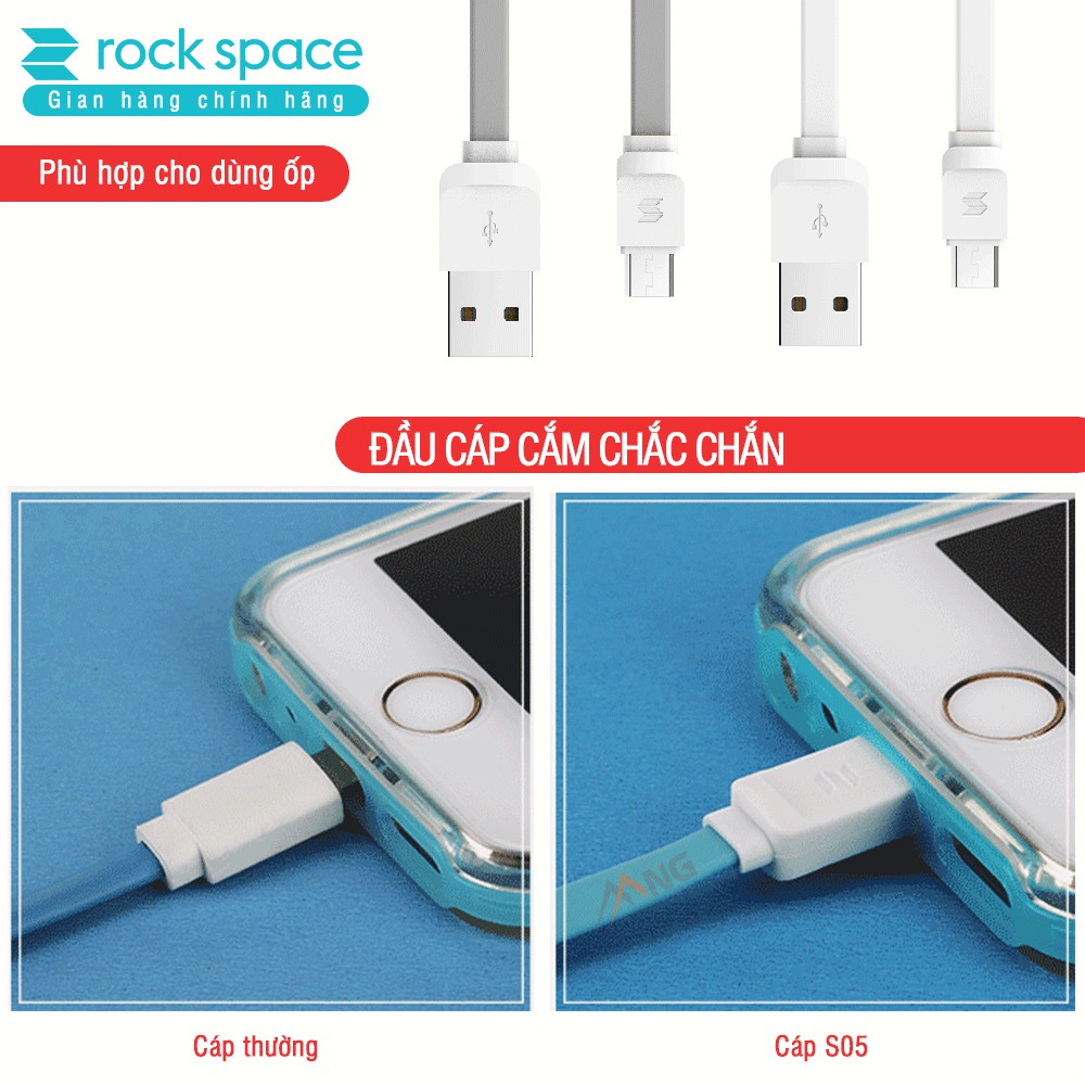 Cáp Rockspace S05 Micro dây dẹt chống rối dành samsung và các điện thoại android Hàng chính hãng bảo hành 12 tháng