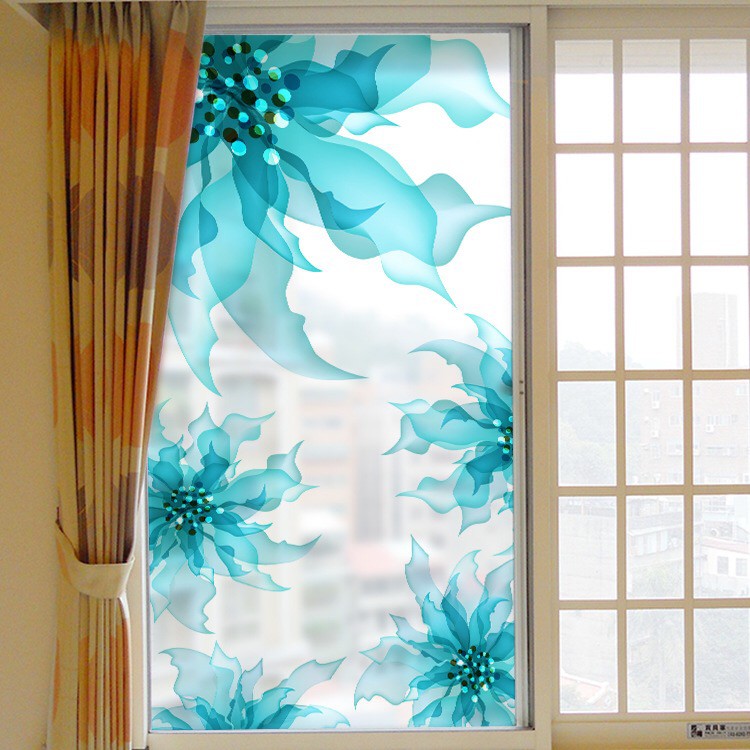 Decal dán kính cao cấp - Hoa thủy tinh lớn Xanh ngọc ( 60x116 )