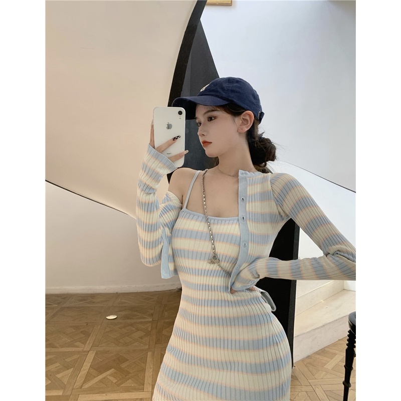 Áo khoác/ Đầm SUXI dài kẻ sọc ôm dáng thời trang cho nữ