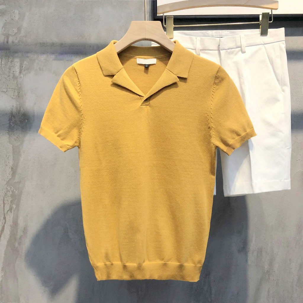 Áo polo dệt kim ngắn tay cổ chữ V màu sắc trẻ trung cho nam