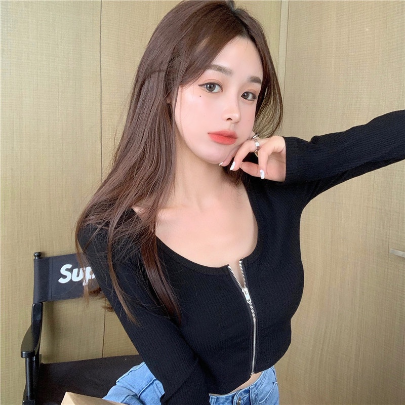 Áo Croptop Ôm Tay Dài SanJoli Áo Kiểu Croptop Nữ Body Sexy Cổ Tim  Đẹp Bánh Bèo Trắng Đen AOO36