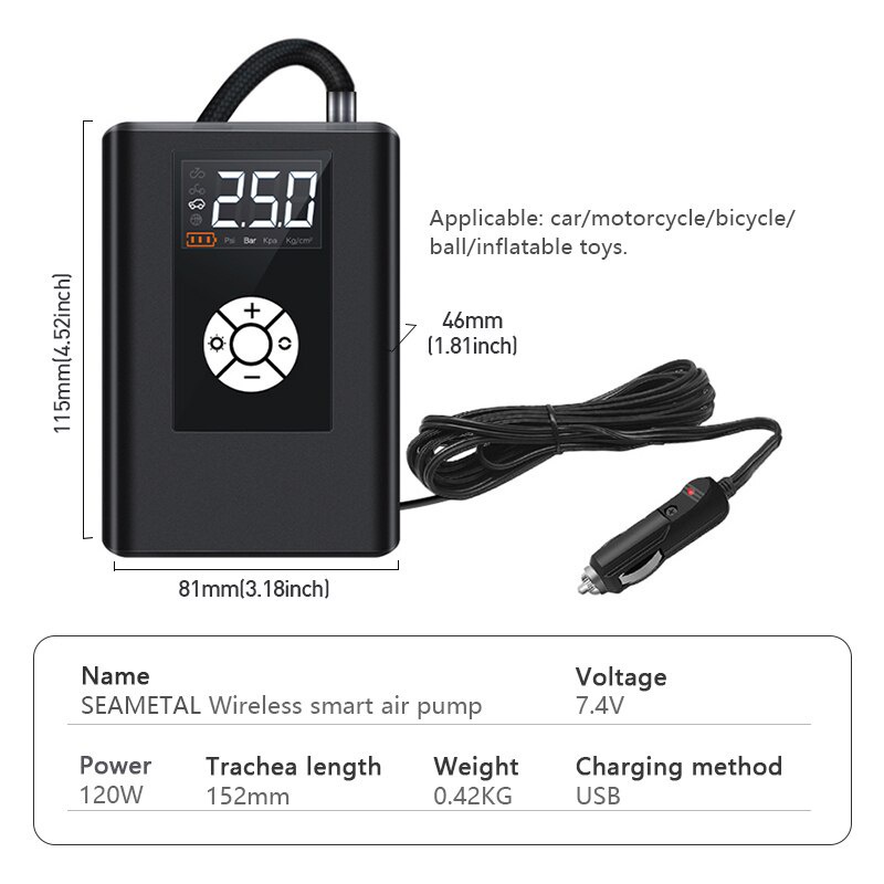 Bơm lốp ô tô SEAMETAL 60W 12V xe gắn máy cầm tay bơm đầy lốp xe gắn máy
