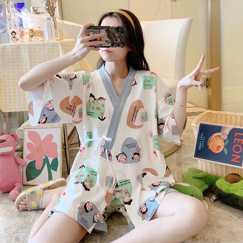 SUSQ002 Bộ Pijama kiểu Nhật yukata lụa cộc tay buộc dây Đồ Ngủ Kimono nữ đẹp mặc nhà phi bóng thắt eo quần lửng ngắn hot | BigBuy360 - bigbuy360.vn