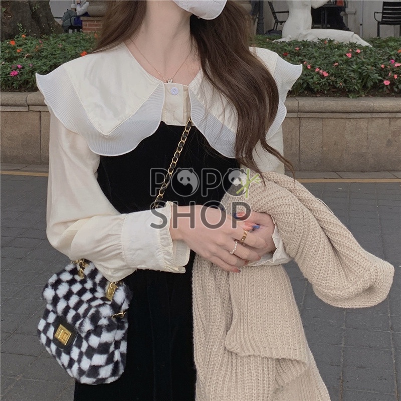 Váy nhung dài cổ bánh bèo tiểu thư