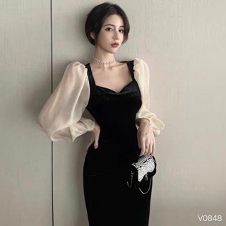 Váy nhung tay voan bồng