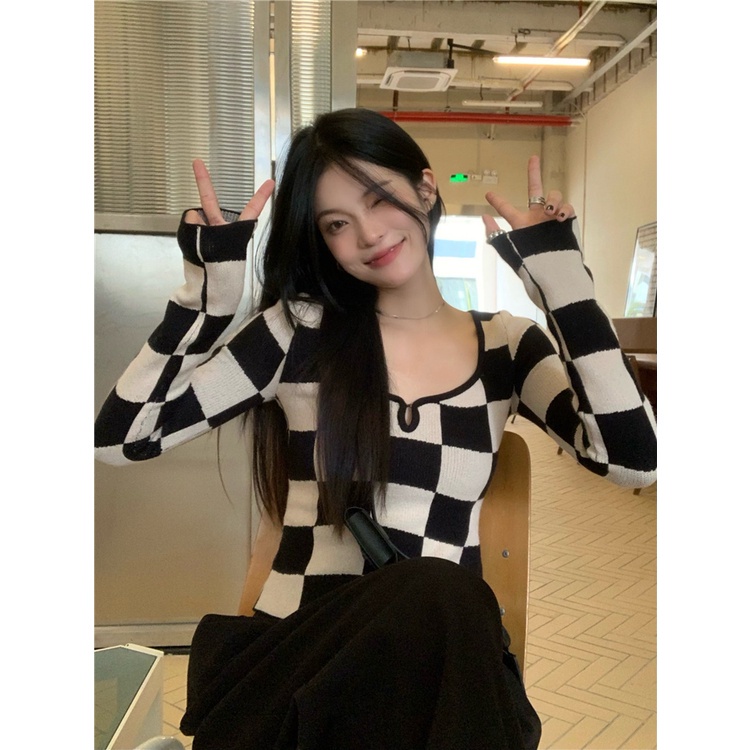 QKOOLE Áo kiểu  cổ vuông họa tiết kẻ sọc caro phong cách Hàn Quốc thời trang dành cho nữ