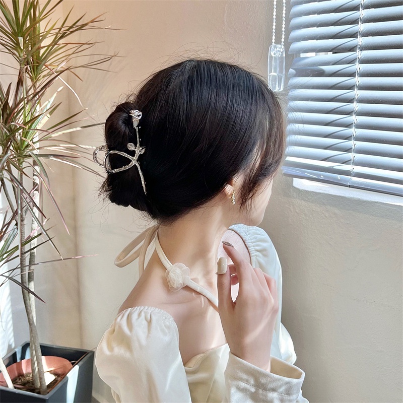 Kẹp Tóc Kim Loại Màu Bạc Hình Hoa Hồng Phong Cách Hàn Quốc