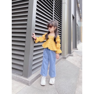 Set áo đũi tơ quần bò xuông bé gái