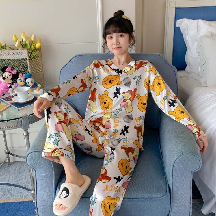 Bộ Đồ Ngủ Tay Dài Chất Lụa Satin Thời Trang Phong Cách Hàn Quốc Cho Nữ