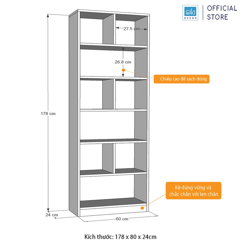 Kệ Sách Để Sàn Gỗ Chống Ẩm Cao Cấp SIB Decor (178 x 60 x 24cm) - KSG02