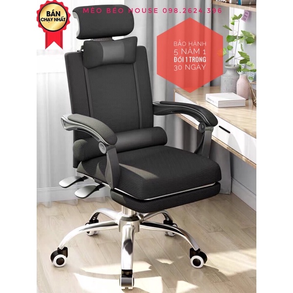 Ghế văn phòng nỉ ngả lưng 155 độ duỗi chân có bánh xe, Ghế học sinh giá rẻ