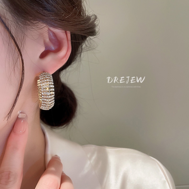 DREJEW Khuyên tai hình chữ C màu bạc đính kim cương phong cách Âu Mỹ thời trang