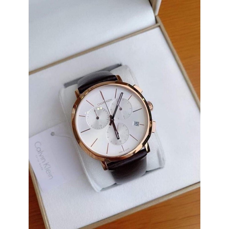 Đồng hồ nam Calvin Klein Thụy Sĩ tone vàng hồng dây da nâu cực sang và mạnh mẽ