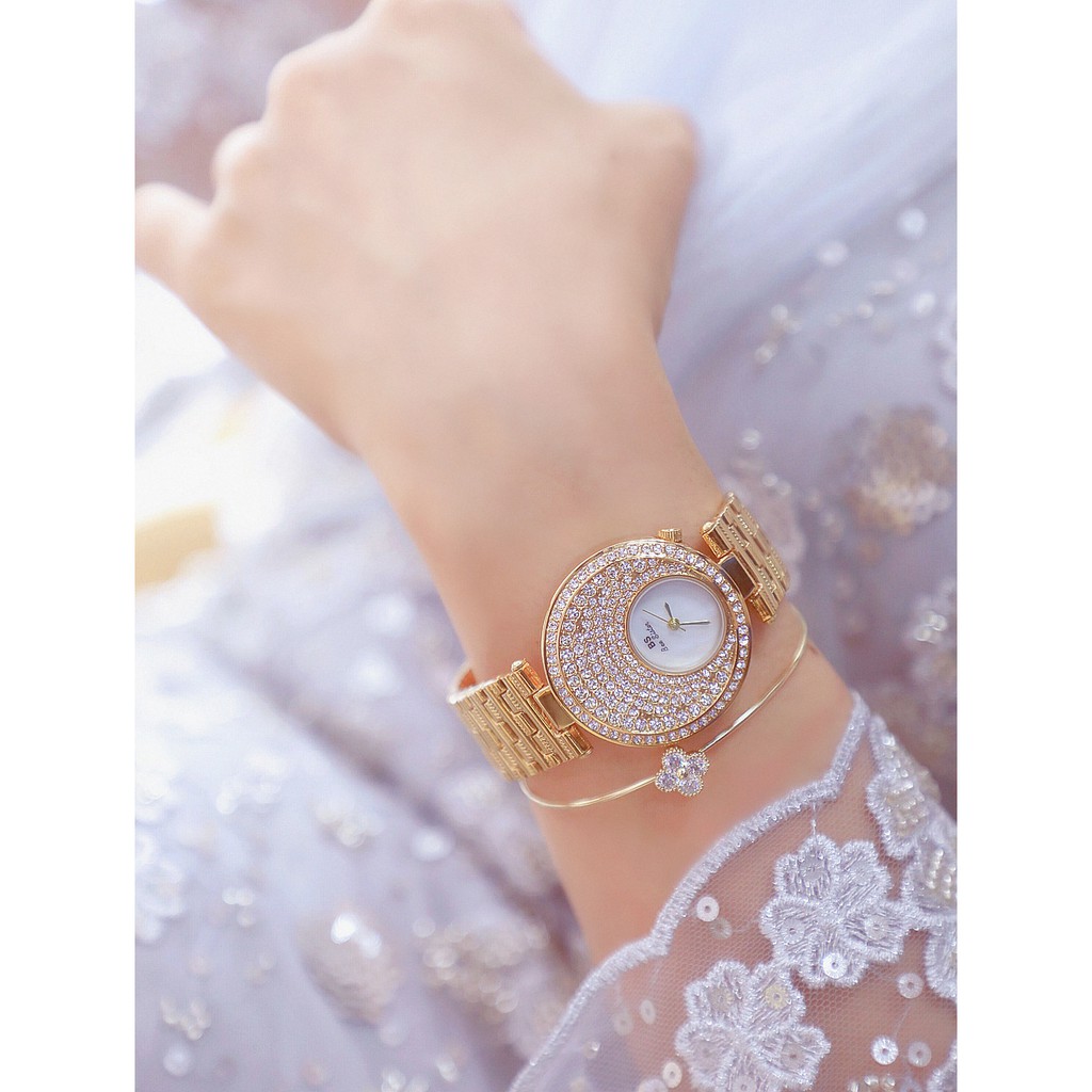 Đồng hồ đeo tay, đồng hồ nữ dây kim loại chính hãng BEE SISTER siêu sang, đính kim cương nhân tạo, cực kỳ đẳng cấp