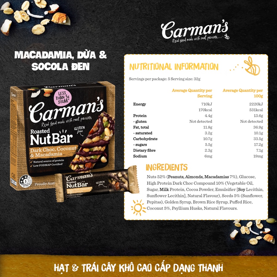 Thanh Dinh Dưỡng Carman's Không Gluten Vị Socola Đen Macca & Dừa - Nut Bars Dark Choc Macadamia & Coconut Hộp 5×32g
