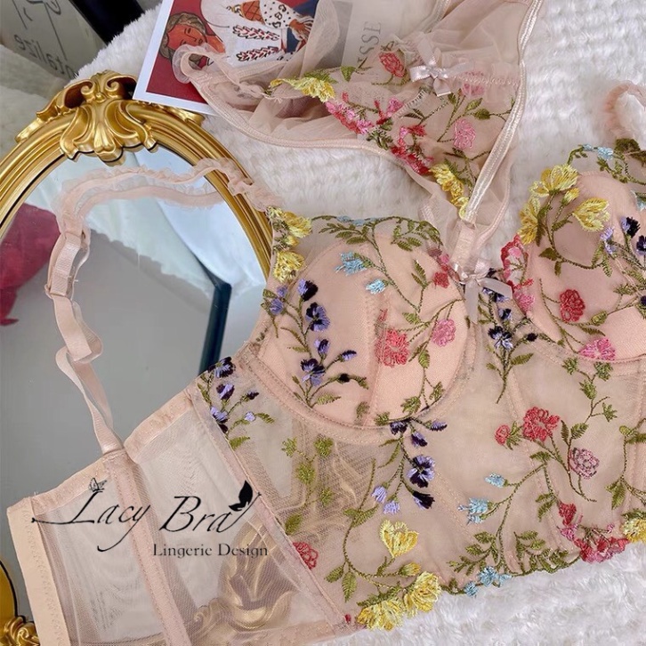 Áo Corset voan hoa văn bông hoa dáng lửng có gọng đệm nâng ngực Lylylorem CR003
