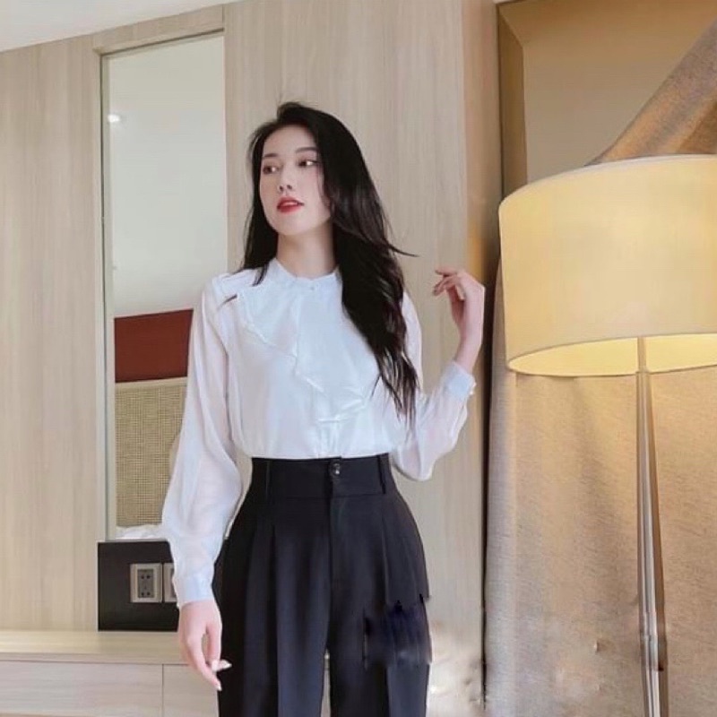 Sơ mi dài tay vạt lệch một bên, sơ mi phong cách thời trang công sở